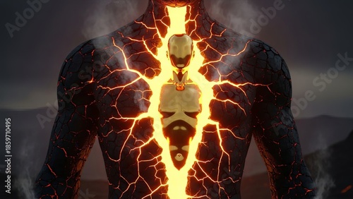 Fiery figure erupting with energy in dramatic illustration against blurred backdrop