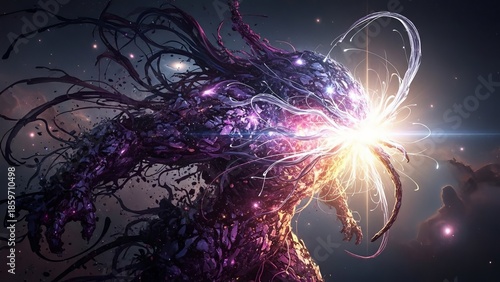 Abstract digital artwork of a fantastical creature emitting bright light