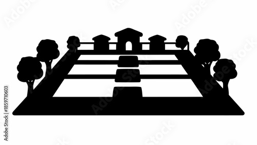 A silhouette illustrates a formal garden or park layout featuring paths, central structures, and perimeter trees.