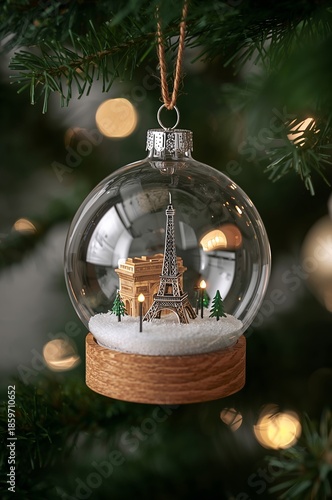 Eiffel Tower Snow Globe Decoration Hanging on a Christmas Tree With Lights an...