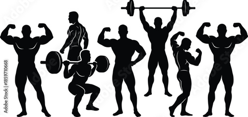 Bodybuilder Silhouettes Set Featuring Men Weightlifting Squatting and Posing with Barbells for Fitness Gym Workout Training and Muscle Building Graphic Design