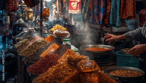 Spices and Herbs on Display in a Busy Market During Evening Hours