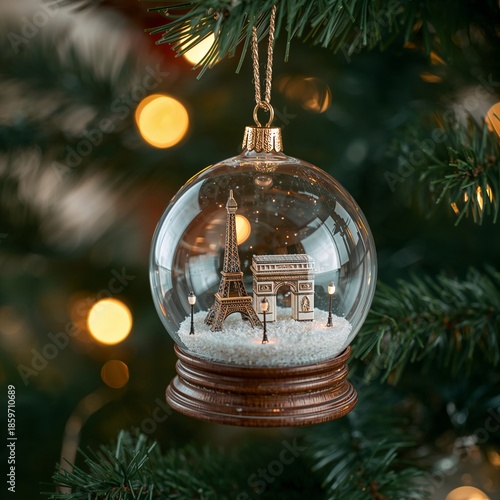 Eiffel Tower Snow Globe Decoration Hanging on a Christmas Tree With Lights an...