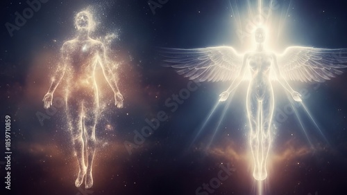 Glowing ethereal figures representing spirituality and energy on dark background