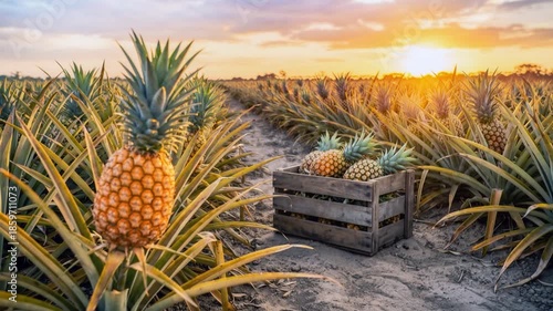 Ripe pineapple growing on a pineapple agriculture field, with pineapple bushes into the sun evening background. Slow cinematic camera movement across the scene.