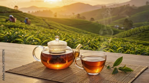 Glass teapot and teacup filled with hot black tea on a wooden table. In the background, lush tea plantations stretch across rolling hills at sunrise, with tea pickers working among the green tea field