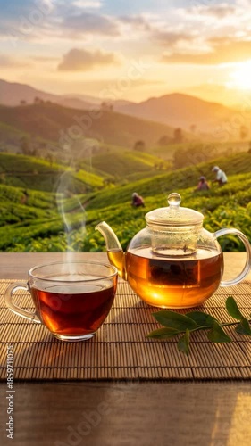 Glass teapot and teacup filled with hot black tea on a wooden table. In the background, lush tea plantations stretch across rolling hills at sunrise, with tea pickers working among the green tea field