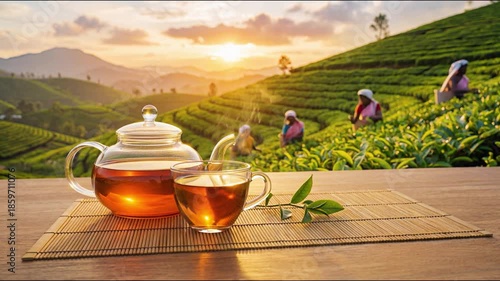 Glass teapot and teacup filled with hot black tea on a wooden table. In the background, lush tea plantations stretch across rolling hills at sunrise, with tea pickers working among the green tea field
