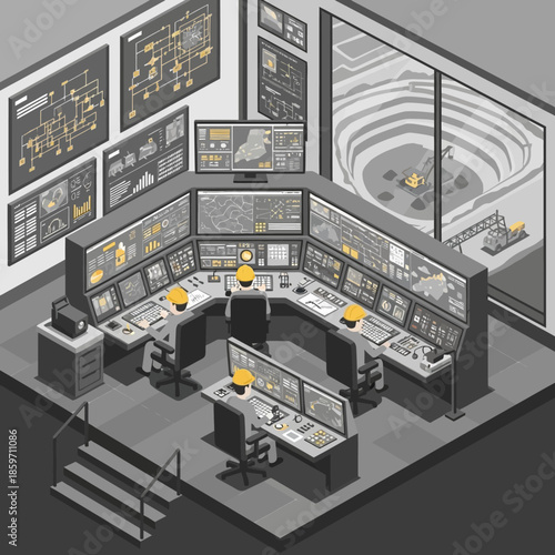Futuristic Control Room with Multiple Monitors and Workstations.