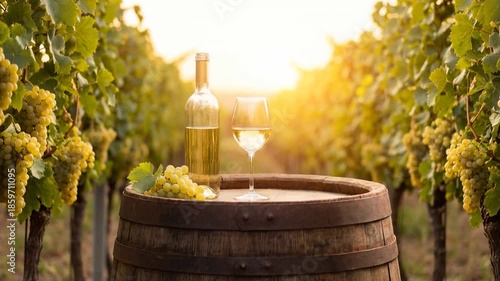 Glass of white wine and a cluster of white grapes of stand on an old oak barrel against the backdrop of vineyards in the evening sunset. Slow cinematic camera movement across the scene.