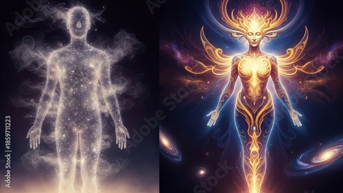 Cosmic beings spiritual energy manifestations against a dark backdrop