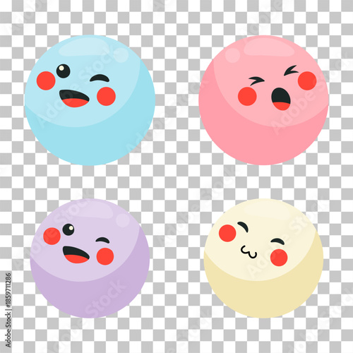 Cute pastel-colored round candies or mochi with various kawaii facial expressions on a transparent background.