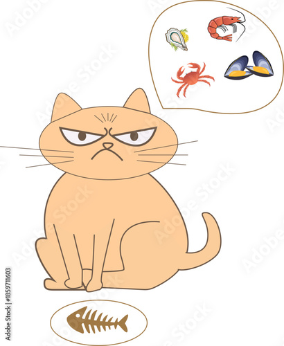Grumpy hungry cat thinking about seafood