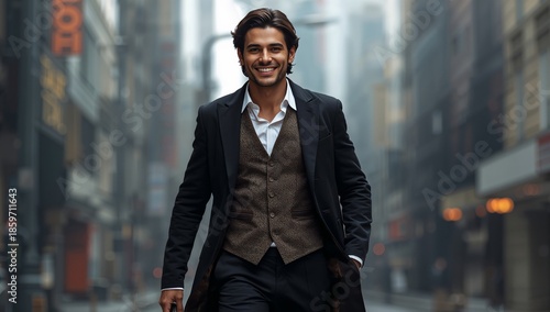 Man Walking on City Street, Wearing Suit and Smiling in Urban Environment Dur...