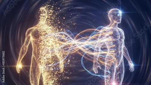 Conceptual illustration of two figures connected by energy streams in space