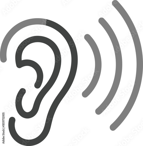 Ear listening icon with sound waves represents human auditory sense and hearing ability, a simple grayscale vector illustration on a transparent checkerboard background