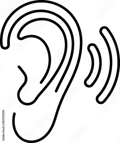 Simple line art of human ear with sound wave icons signifying listening and sound perception on transparent background vector graphic