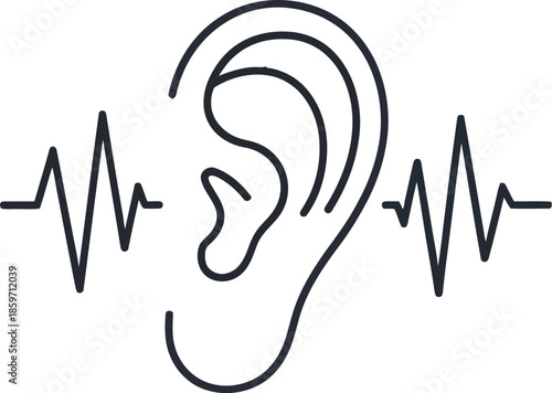Outline drawing of human ear with sound wave symbols indicating audio reception and sound transmission on transparent background vector icon