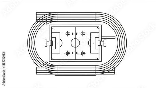 Sport stadium blueprint with running track and soccer field top view vector illustration line art isolated on transparent background design element