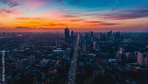 City Skyline During Sunset in a Large Urban Area With High Buildings and Busy...