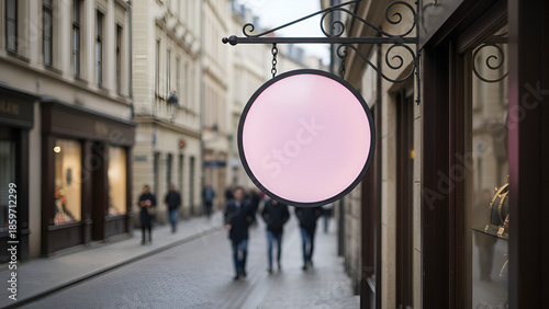 Pastel Round Sign on Urban Street — Bright Circular Cue for Shopfronts and City Life

