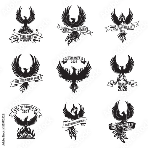 Black White Motivational Phoenix Detailed Tracing Banner 2026 Art