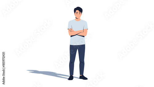 Illustration of a Young Man Standing with Arms Crossed on a White Background