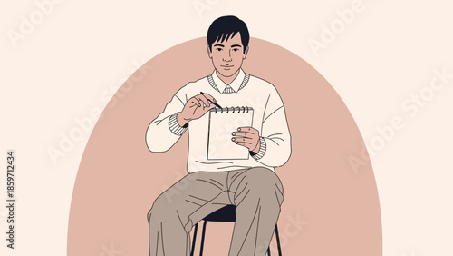 Illustration of a young man taking notes while sitting on a black chair with a pink background