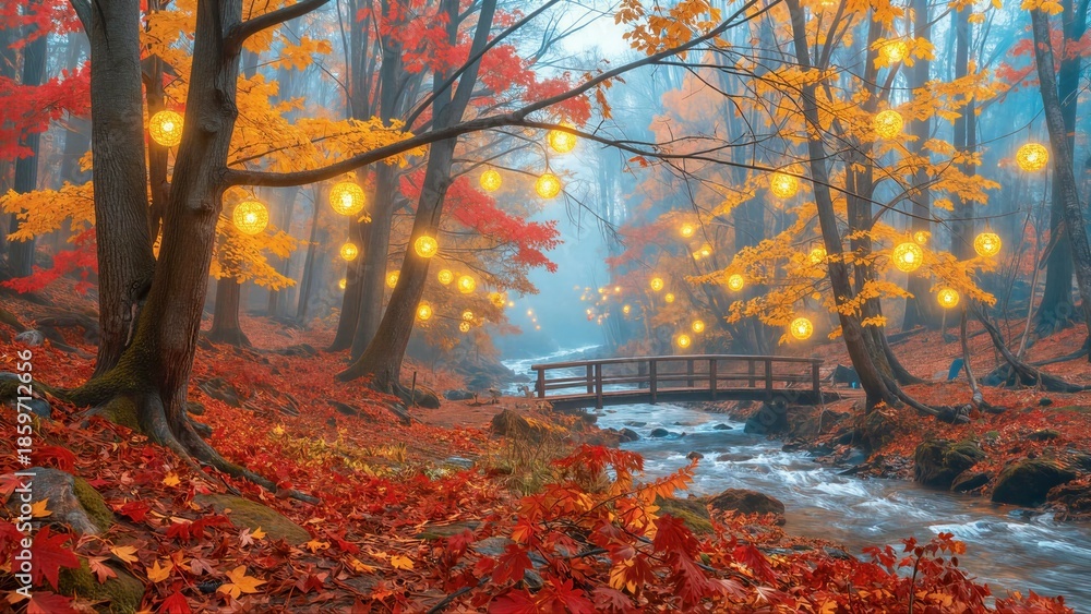 Fototapeta premium Enchanted Autumn Forest with Lights