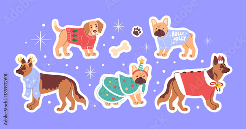 dogs a shepherd, bulldog and beagle dressed in festive Christmas costumes Santa hat, tree outfit, ugly sweater and colorful scarves, playful poses, bright cartoon vector style
