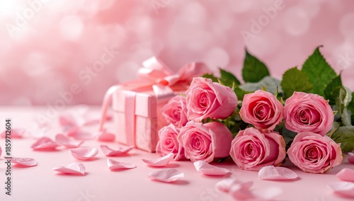 Gift Box With Pink Roses and Petals on Pink Background During Celebration