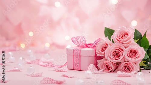 Rose Bouquet and Gift Box on a Table With Pink Decorations and Lights for a C...