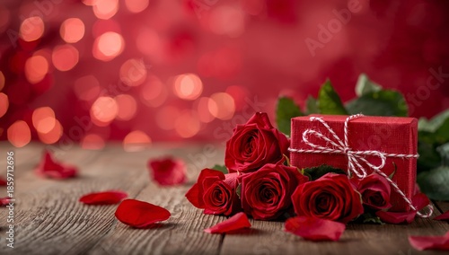 Roses and a Gift Box on a Wooden Table With a Red Bokeh Background in a Festi...