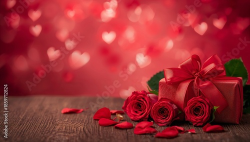 Gifts and Roses Placed on a Wooden Table With Heart Shapes in the Background ...