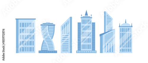 A cluster of modern multi-storey buildings with glass facades, rooftop gardens, balconies and clean geometric lines against a clear sky, minimalist palette and soft shadows