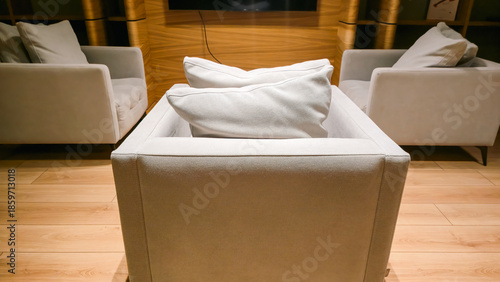 Modern Gray Armchair with Cushions on Wood Floor