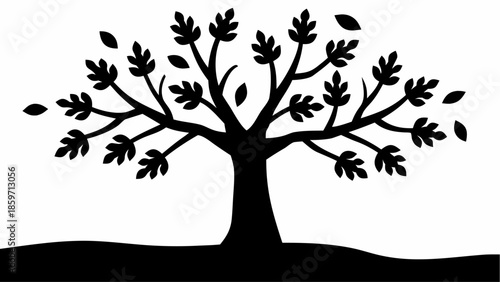 A stylized black silhouette of a deciduous tree with numerous leaves falling onto a gently curved ground line.