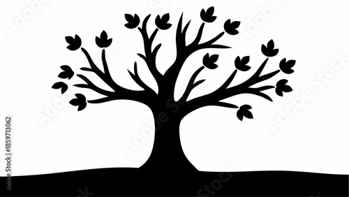 A minimalist black silhouette illustration of a healthy, full-foliage tree standing firmly on a simple ground line.