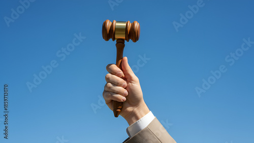 Gavel Raised Against Clear Blue Sky — Hand Holding Judge's Hammer for Legal Theme

