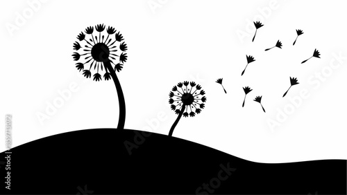 Two dandelions on a hill disperse their seeds into the wind, symbolizing lightness and new beginnings.
