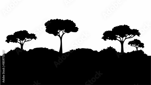 A horizontal silhouette featuring three prominent trees and lush undergrowth against a clear white sky.