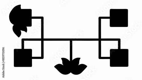 An abstract black silhouette displaying interconnected squares and organic plant-like forms on a white background.