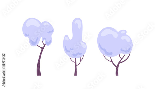 A vector illustration of snow-covered trees with crisp silhouettes, layered, and soft snowfall accents for wintry scenes.