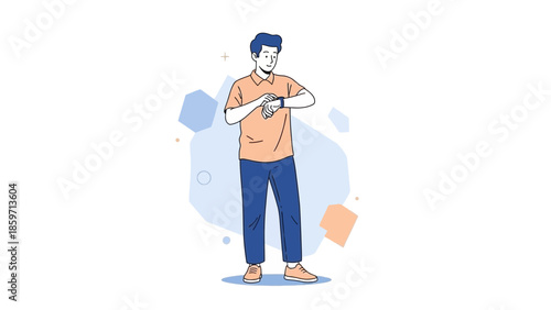 young man waiting for appointment checking watch casual clothing minimal design