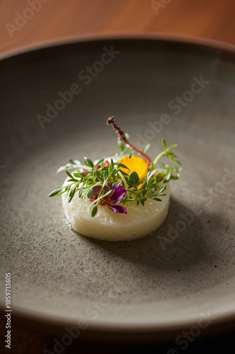 Plate With White Circular Food Garnished With Herbs and Small Vegetables