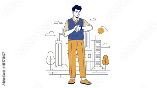 Young man waiting for a bus while checking his smartwatch in a city park setting