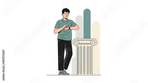 Young man waiting with patience and calmness next to a classical column emphasize resilience and