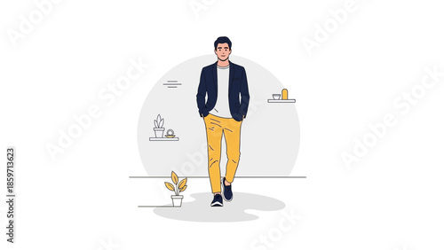 Young man walking confidently in casual outfit with minimalistic indoor background