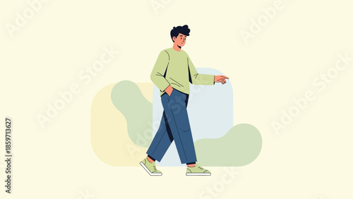 Young Man Walking in Casual Attire With Hand in Pocket and Pointing Forward in a Minimalist