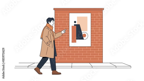 young man walking on city sidewalk while using smartphone in front of wall with modern art